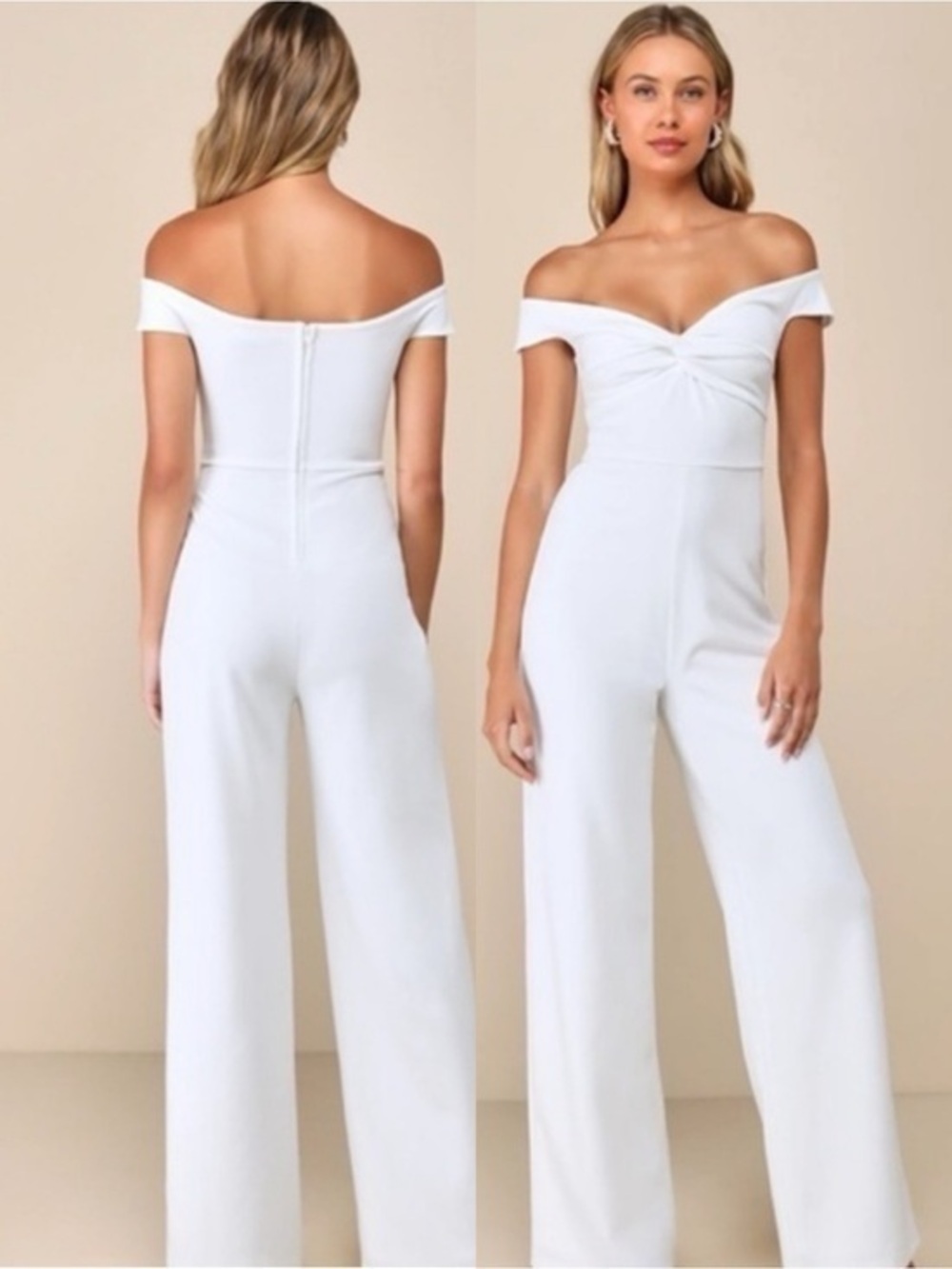 NWT Lulu’s Stunning Existence White Off-the-Shoulder Knot-Front Jumpsuit Medium